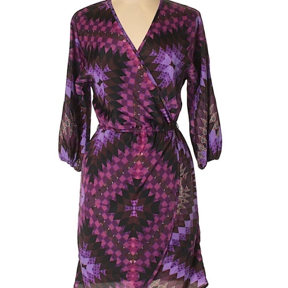 Veronicam Wrap Dress Women S Purple‎ Silk Charmeuse Geometric Kaleidoscope Mini